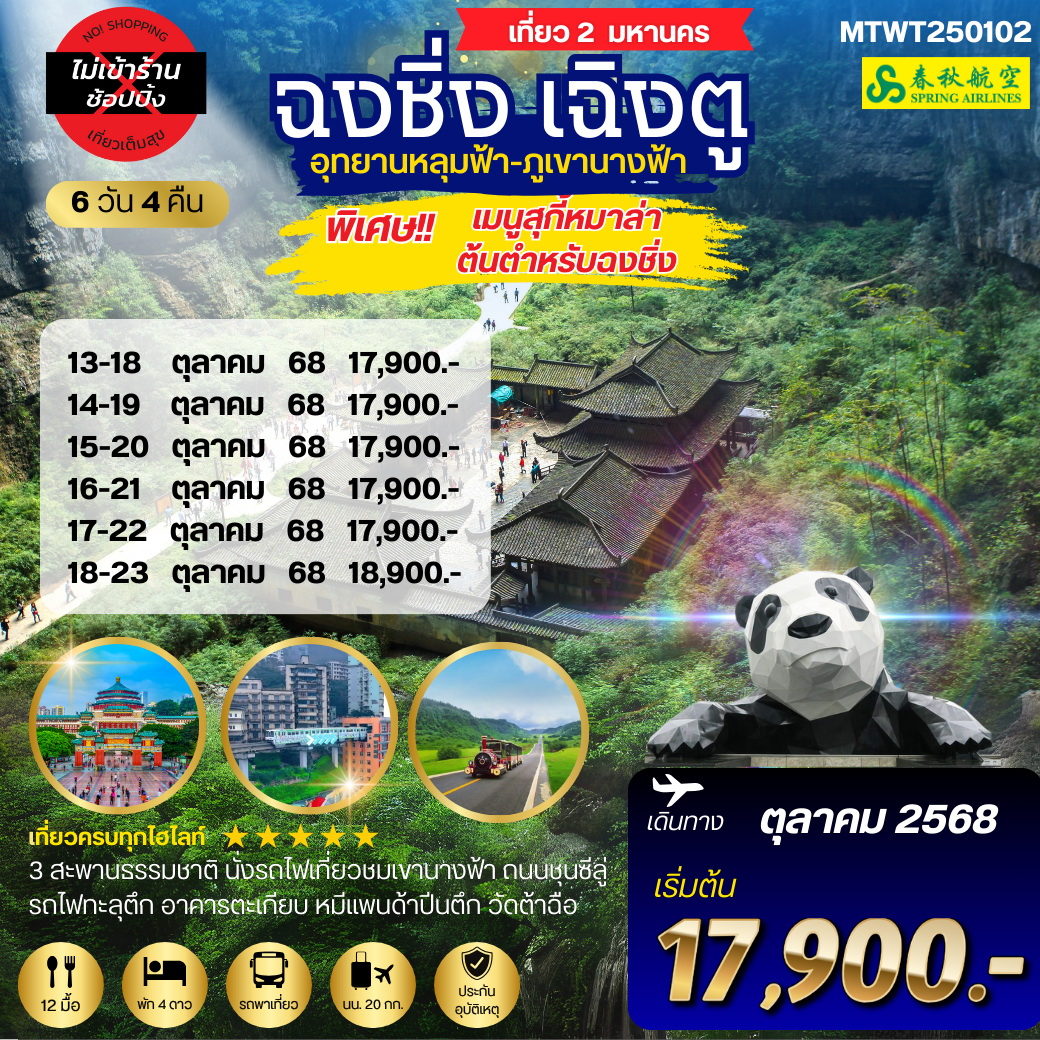 ทัวร์จีน เที่ยว 2 มหานครสุดฮิต 2 อุทยานสุดฮอต หลุ่มฟ้า เขานางฟ้า เฉิงตู *เที่ยวเต็มสุข ไม่เข้าร้าน 6วัน 4คืน (9C)