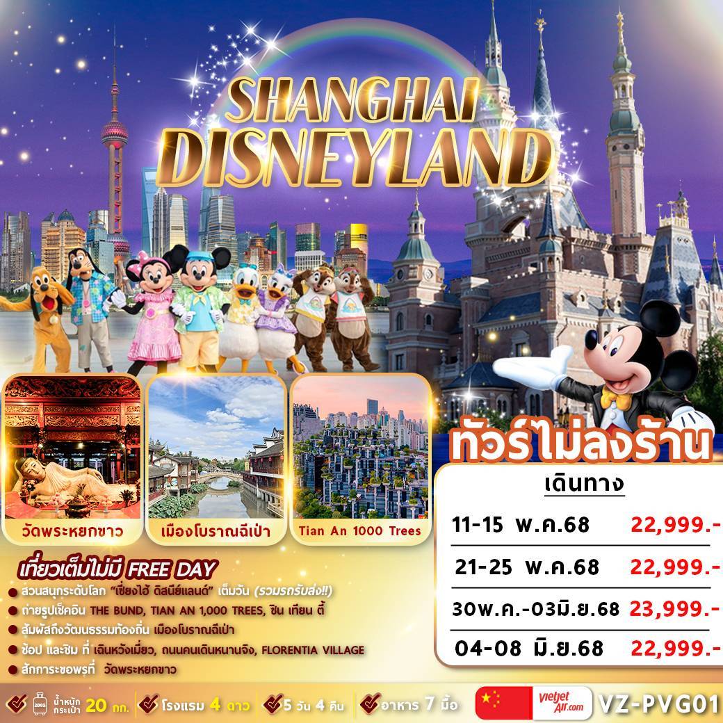 ทัวร์จีน เซี่ยงไฮ้ ดิสนีย์แลนด์ เมืองโบราณฉีเป่า 5วัน 4คืน (VZ)