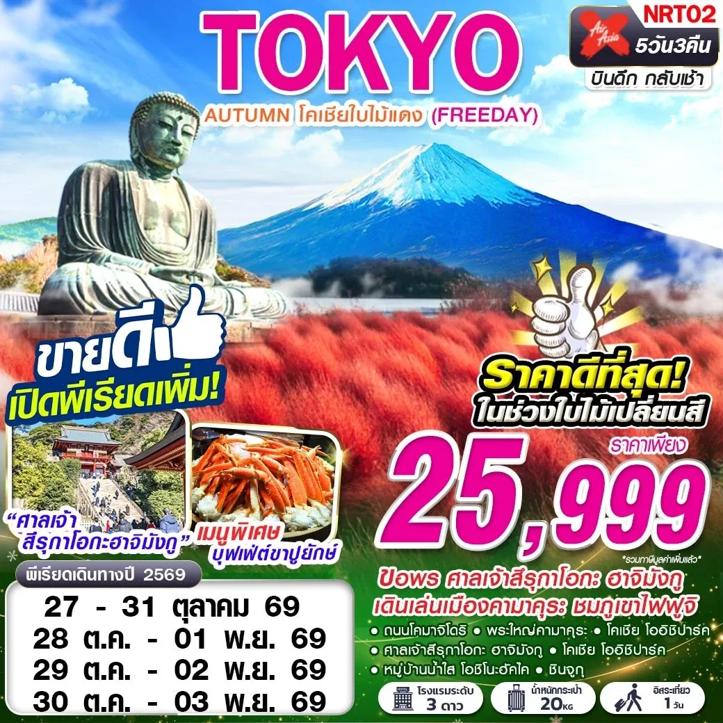 ทัวร์ญี่ปุ่น TOKYO AUTUMN โคเชียใบไม้แดง (ฟรีเดย์) 5วัน 3คืน (XJ)