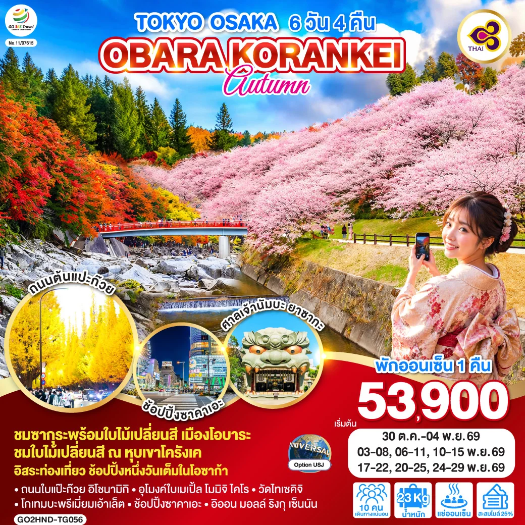 ทัวร์ญี่ปุ่น TOKYO OSAKA OBARA KORANKEI AUTUMN 6วัน 4คืน (TG)