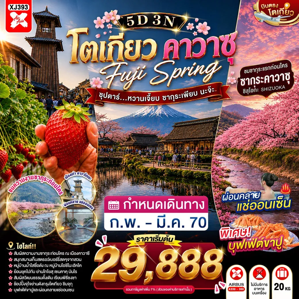 ทัวร์ญี่ปุ่น TOKYO FUJI KAWAZU SPRING ซุปตาร์...หวานเจี๊ยบ ซากุระเพียบ นะจ๊ะ 5วัน 3คืน (XJ)